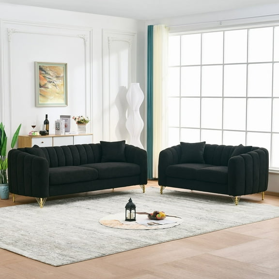Newest Oversized Chenille Sofa,Luxury 3+2 Seater Deep Couch,Modern Tufted Couch, Gold Metal Legs Sofa for Living Room, Bedroom, Apartment (Black)