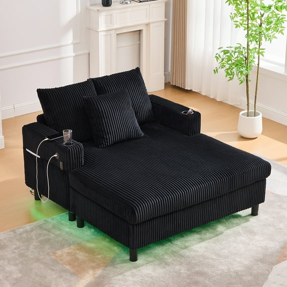 Newest Oversized Corduroy Recliner Sofa with USB Charging, RGB Lights & Cup Holder - Deep Seat Chaise Lounge with Pillows for Living Room, Bedroom, Game Room,Black