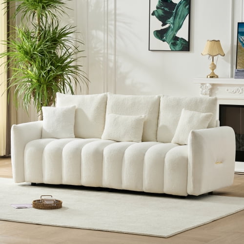 Newest Plush Teddy Fabric Couch, 80.7 Inch 3-Seater Sofa, Off White Upholstered,3 Pillows, Sturdy Wood Frame, Perfect for Apartments,Offices