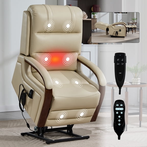 Newest Power Beige Leatheraire Lift Recliner Chair Dual Motor Infinite Position Up to 350 LBS with Solid Wood Armrests, Heat Massage , Heavy Duty Motion Mechanism