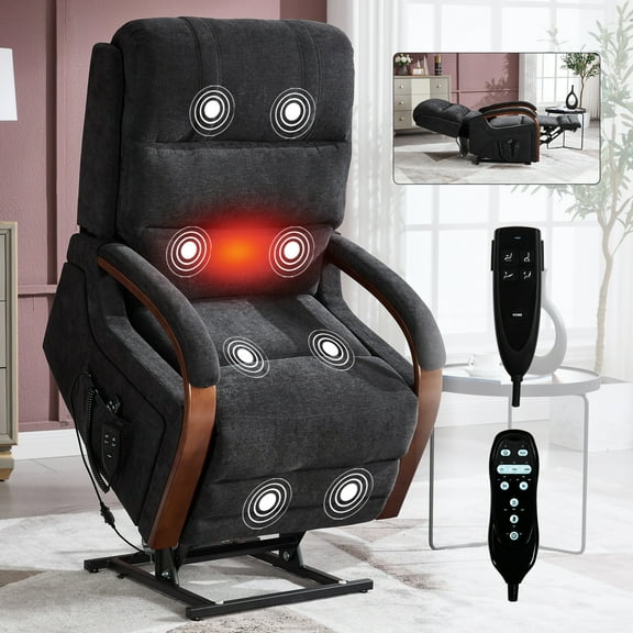 Newest Power Black Chenille Lift Recliner Chair Dual Motor Infinite Position Up to 350 LBS with Solid Wood Armrests, Heat Massage , Heavy Duty Motion Mechanism