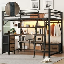 Newest Queen Loft Bed with Desk & Storage, Black Metal Loft Bed with Wardrobe, Drawers, LED Lights & Outlets for Teens