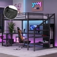 thumbnail image 1 of Newest Queen Loft Bed with L Shaped Desk & Wardrobe, Black Metal Loft Bed with Stairs, USB Charger & LED Light for Teens Adults, 1 of 15