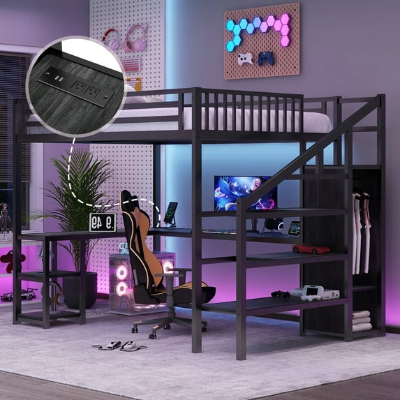 Newest Queen Loft Bed with L Shaped Desk & Wardrobe, Black Metal Loft Bed with Stairs, USB Charger & LED Light for Teens Adults