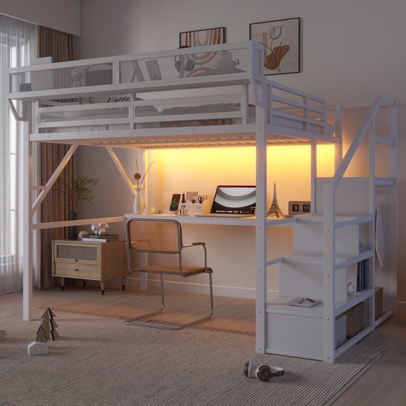 Newest Queen Metal Loft Bed with Desk and Charging Station, Sturdy Frame with Stairs and RGB Light for Small Bedroom, White