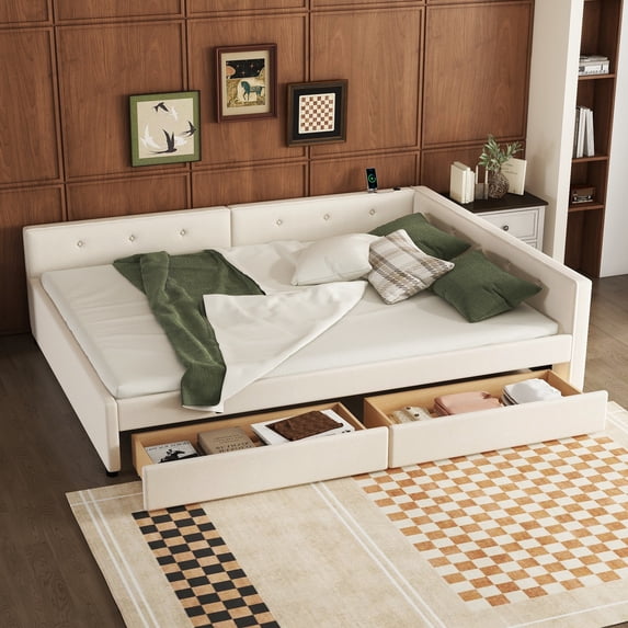 Newest Queen Platform Bed with 2 Under-Bed Storage Drawers, Beige Upholstered Bed Frame Includes USB Ports, Sturdy Wood Construction, Easy Assembly