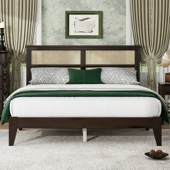 Newest Queen Size Bed with Natural Rattan Headboard, Solid Rubber Wood Frame & Multiple Support Feet, Modern Espresso Finish for Bedroom