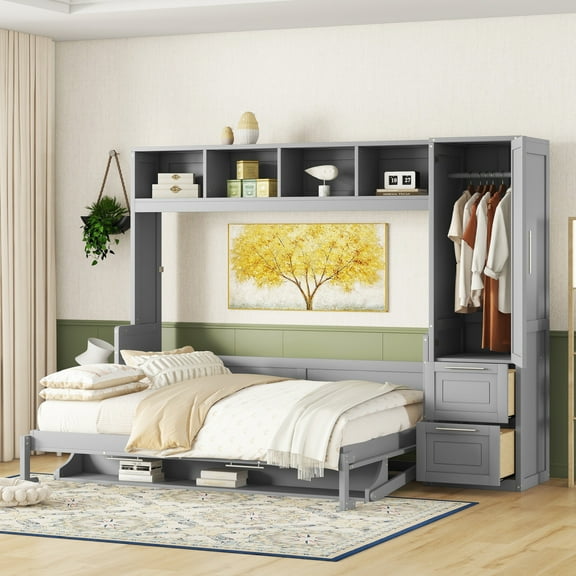 Newest Queen Size Murphy Bed Wall Bed with Closet and Drawers,Gray