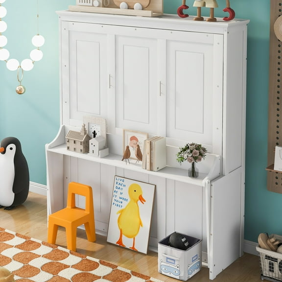 Newest Queen Size Murphy Bed with Shelf, White Cabinet Bed Includes Work Surface, Modern Fold-Down Bed Ideal for Home Office or Guest Room
