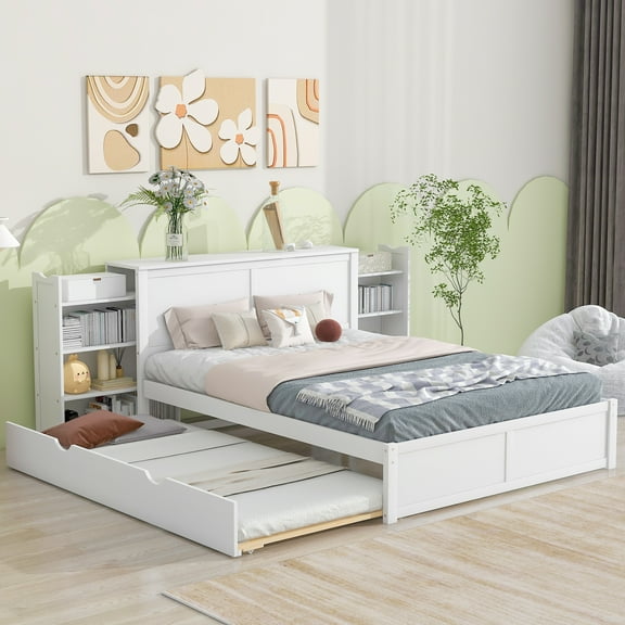 Newest Queen Size Storage Bed with Trundle, White Platform Bed with Retractable Shelves, Flexible Trundle Placement, All-in-One Bedroom Solution