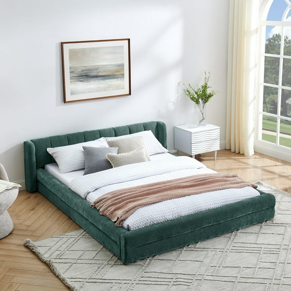 Newest Queen Size Upholstered Platform Bed with Chenille Fabric for Bedroom, Grounded Floor Bed with Thick Headboard, No Box Spring Needed,Blue+Green