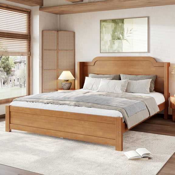 Newest Queen Solid Wood Platform Bed with Headboard, Natural Finish Minimalist Design No Box Spring Needed for Bedroom