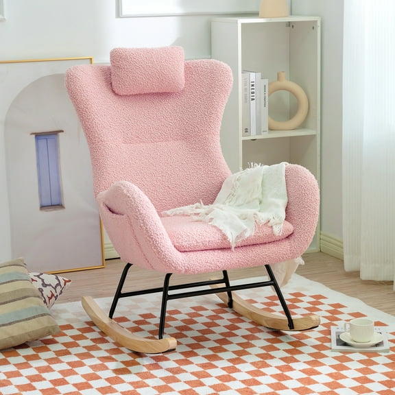 Newest Rocking Chair Nursery, Teddy Upholstered Rocker Glider Chair with High Backrest, Adjustable Headrest & Pocket, Comfy Glider Chair for Nursery, Bedroom, Living Room, Offices, Rubber wood, pink