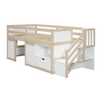 Newest SOLID WOOD TWIN SIZE LOW LOFT BED WITH STAIR, DRAWER, AND SHELF FOR CREAM   WHITE COLOR