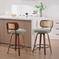 thumbnail image 1 of Newest Set of 2 26-Inch Counter Height Bar Stools, Walnut Black with Cane Rattan Back & Light Green Linen Seat, 360° Swivel Stools for Kitchen Island, Bar, or Counter, 1 of 9