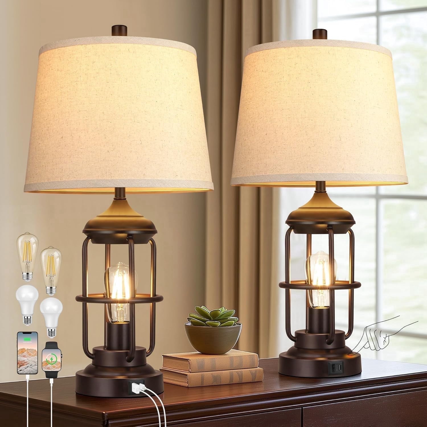 Newest Set of 2 Rustic Table Lamps with USB Ports, 3-Way Touch Control Dimmable Bedside Lamps with Dual Lighting, Farmhouse Nightstand Lamps with Included LED Bulbs