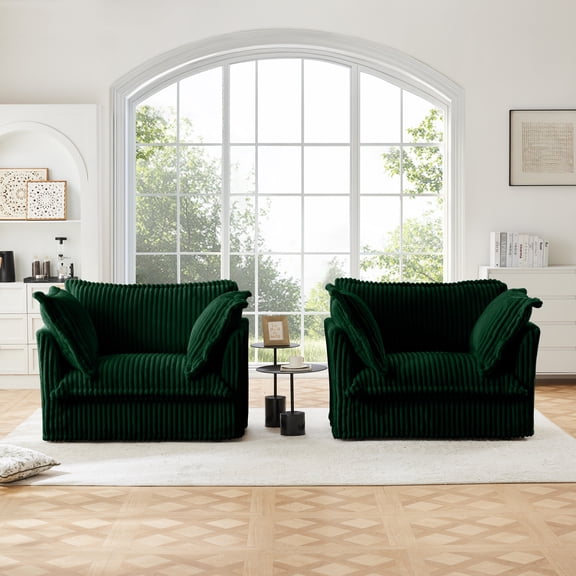 Newest Set of 2 Slipcovered Armchairs,Deep Seat Accent Chair Set for Living Room, Reading Room, Bedroom,Working Spaces,Armchair Sets,Large Soft Pillows,Green Corduroy Fabric