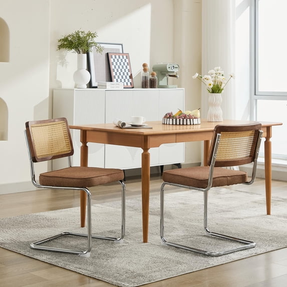 Newest Set of 2 Cantilever Dining Chairs, Velvet Seat & Rattan Back with Chrome Frame, Breuer Style, Coffee