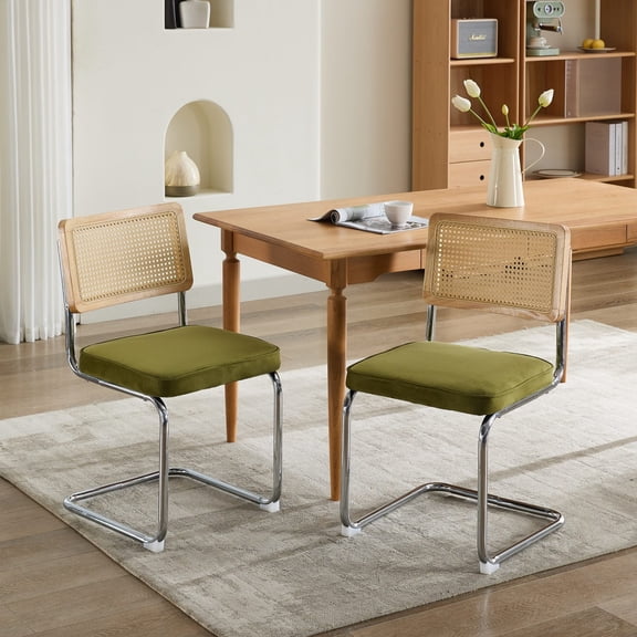 Newest Set of 2 Cantilever Dining Chairs, Velvet Seat & Rattan Back with Chrome Frame, Breuer Style, Green