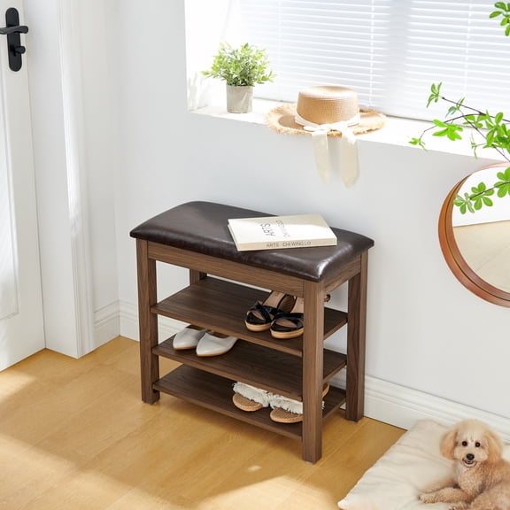 Newest Shoe Bench with Concealed Storage, Natural Rubber Wood Frame & PU Leather Seat, 400LB Capacity Entryway Organizer, Brown