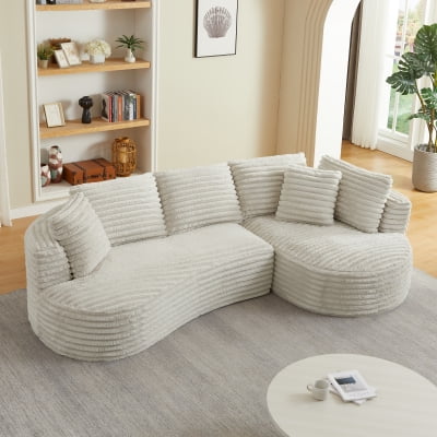 Newest Sleeper Curved Cloud Corduroy Right-Hand Facing L-Shaped Sectional Sofa,Cream