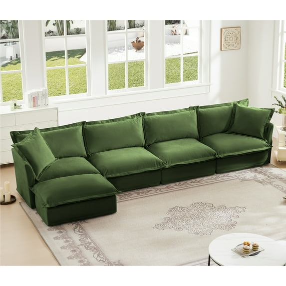 Newest Slipcovered L Shape Sectional Long Sofa Couch, 4 Seater Sofa,Suppleness Armrests, Chenille Deep Seat Sofa,2 Big Pillows, Comfy Couch for Living Room, Apartment, Chenille Fabric,Green