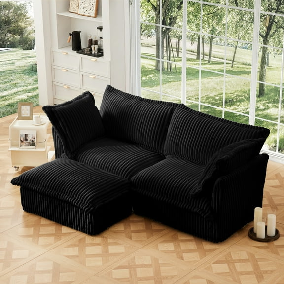 Newest Slipcovered Sectional 2 Seater Sofa Couch,Convertible Ottoman, Wide,Deep Seat L Shaped Sofa,Detachable Cover,Soft Multiple Big Pillows,Black Corduroy Fabric
