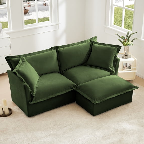 Newest Slipcovered Sectional 2 Seater Sofa Couch,Convertible Ottoman, Wide,Deep Seat L Shaped Sofa,Detachable Cover,Soft Multiple Big Pillows, Chenille Fabric, Green