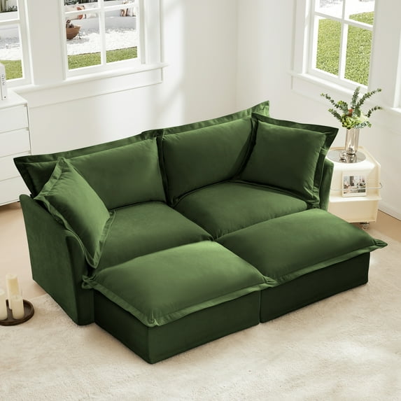 Newest Slipcovered Sofa 2 Seater Sofa,2 Ottomans, 2 Seater Sleeper Sofa Bed Home Theater Oversized Sofa For Living Room, Chenille, Green