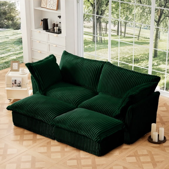 Newest 2-Seater Corduroy Sofa Bed with 2 Ottomans, Green Oversized Sleeper Couch for Living Room