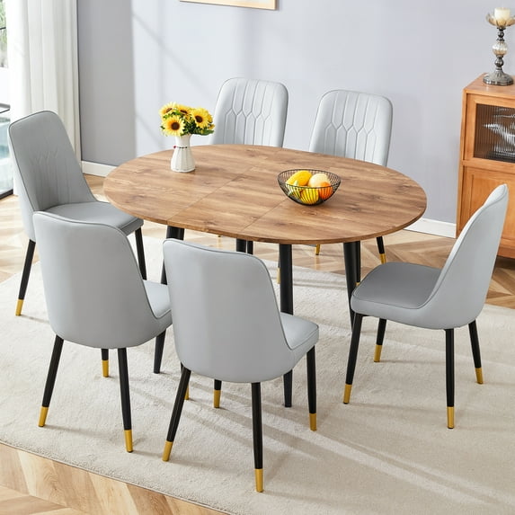 Newest Space Saving Extendable Round Table Set, Converts to Oval with 4 Gray PU Cushion Chairs, Complete Dining Suite