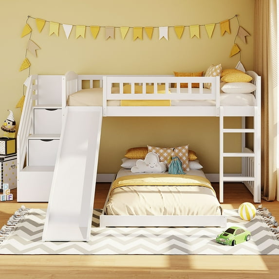 Newest Stairway Twin over Twin Bunk Bed with Two Drawers , Slide, White