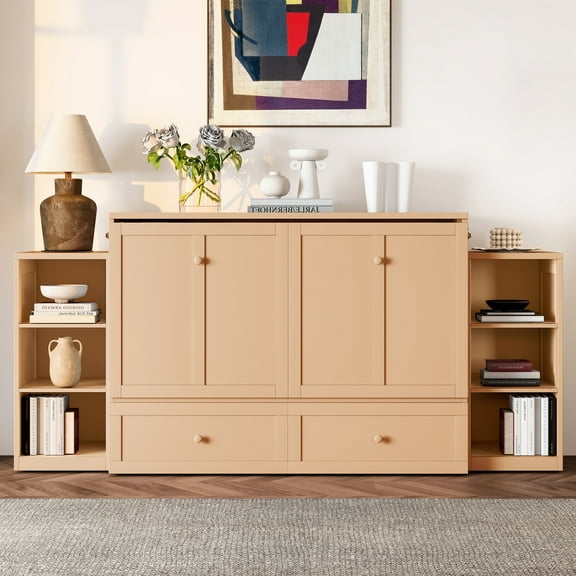 Newest Storage Full Size Murphy Bed with Drawers and Shelves, Modern Space-Saving Wall Bed Cabinet,Golden