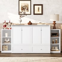Newest Storage Full Size Murphy Bed with Drawers and Shelves, Modern Space-Saving Wall Bed Cabinet, White