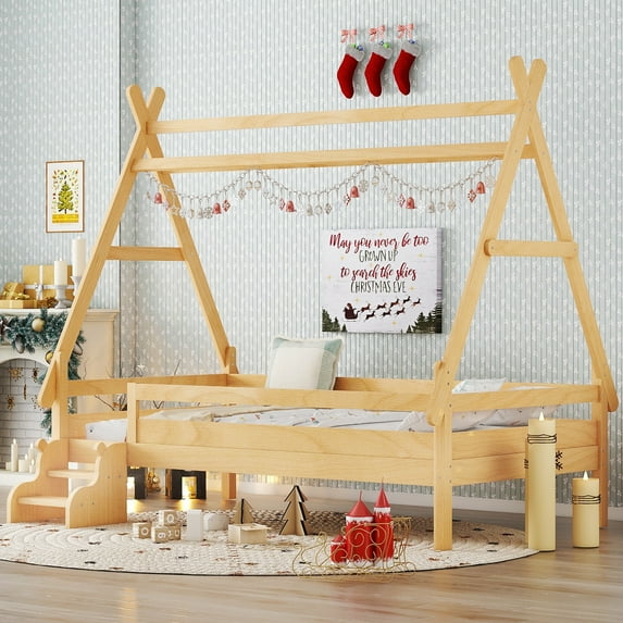 Newest Storybook House Kids Imaginative & Safe Solid Wood Twin Platform Bed with Stairs and Low Profile,Natural