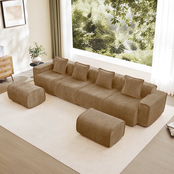 Newest 138" U-Shape Modular Velvet Sofa with 2 Movable Ottomans & French Piping, No Assembly Required,  Brown
