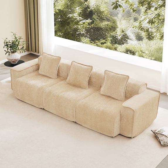 Newest 108" 3-Seater Modular Velvet Sofa, Deep-Seat Design with Throw Pillows & No Assembly Required, Light Camel