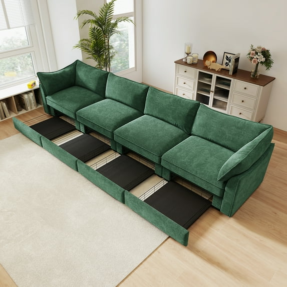 Newest Super Large Wide,Deep Seat Sofa Couch for 4 Persons, 4 Seater Sofa,Storage Pull out Drawer Under Each Seat, Chenille Green