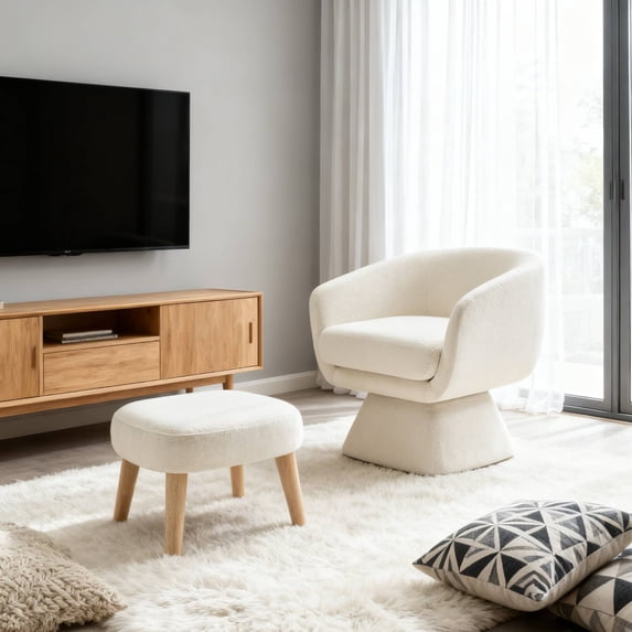 Newest Swivel Lounge Chair with Ottoman, 360° Rotating Modern Accent Chair Set, Compact for Small Space & Corner, White