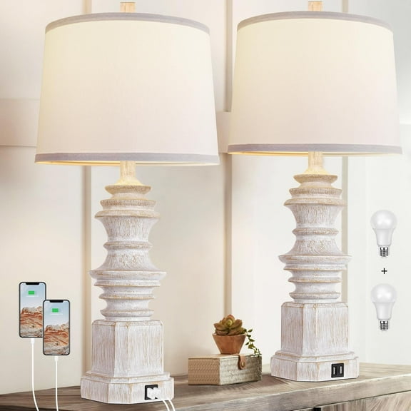 Newest Table Lamp Set of 2 with Dual USB Charging Ports, Farmhouse Nightstand Lamps with 3-Color Temperature Bulbs, White Fabric Shade Bedside Lamps for Living Room and Bedroom