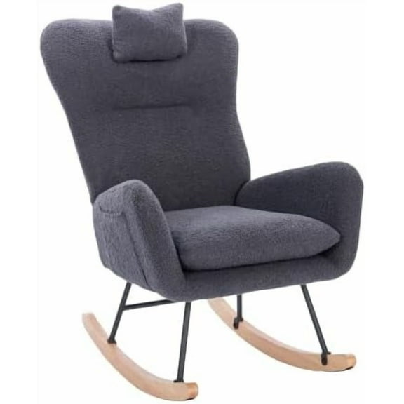 Newest Teddy Upholstered Nursery Rocking Chair for Living Room Bedroom(DARK GREY Teddy)