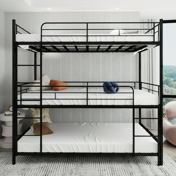 Newest Triple Bunk Bed Black,Metal Frame with Built in Ladder & Guardrails, Space Saving for Bedroom & Dorm
