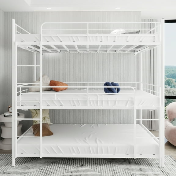 Newest Triple Bunk Bed White,Metal Frame with Built in Ladder & Guardrails, Space Saving for Bedroom & Dorm