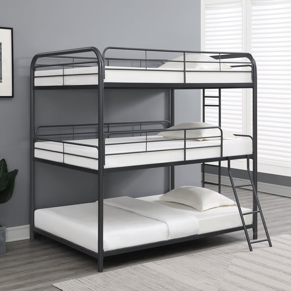 Newest Triple Full Size Bunk Bed - Black Metal Frame, Space-Saving Stacked Design, Noise-Free, No Box Spring Needed, for Shared Bedrooms