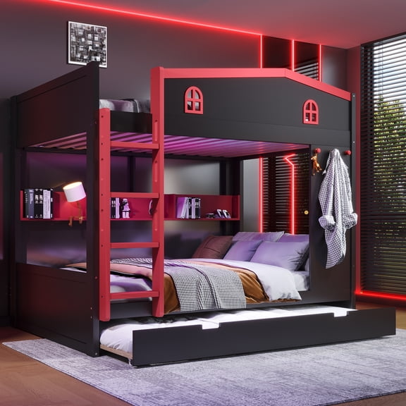 Newest Triple Sleeper for Large Families & Vacation Homes Space Maximizing Solid Wood Queen over Queen Bunk Bed with Trundle and Storage,Black & Red