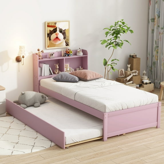 Newest Twin Bed with Trundle,Bookcase,Pink