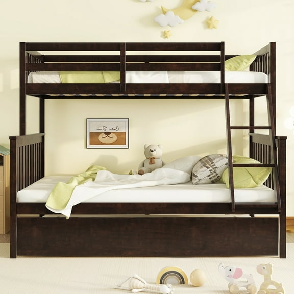 Newest Twin Over Full Bunk Bed with Trundle, Converts to 2 Beds & Reversible Ladder, Solid Rubber Wood with Guardrails,for Shared Room & Guest Space, Espresso