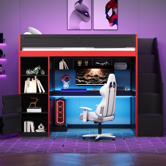 Newest Twin Gaming Loft Bed with Desk and LED Lights, Solid Wood Frame with Storage for Small Bedroom, Black