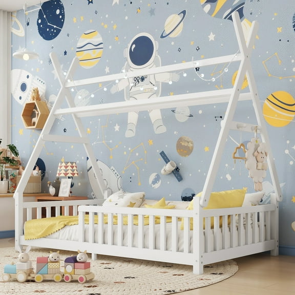 Newest Twin House Bed White,LED Light & Removable Roof, Low Profile Playhouse with Safety Fence for Bedroom