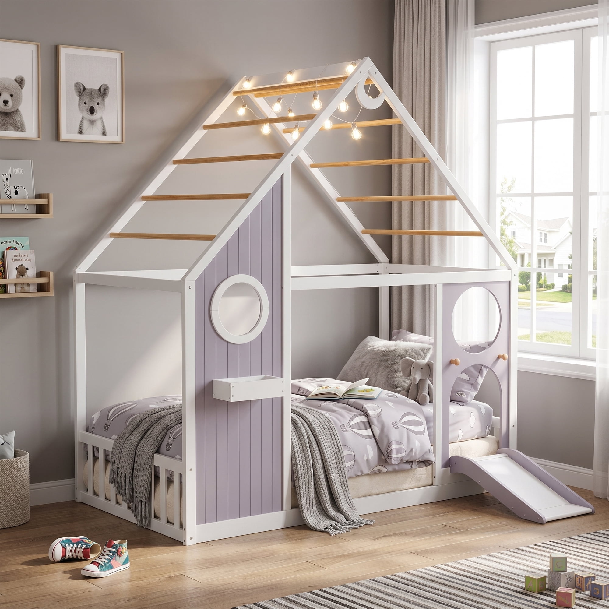 Slider Sign Panel Newest Twin House Bed with Slide and Ball Light Strip, Wooden Playhouse ...